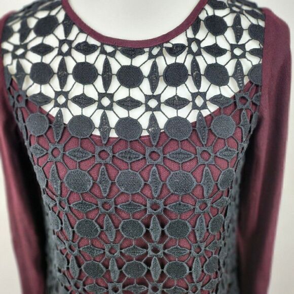 WRAP London Boho Crochet Front Black Burgundy Long Sleeve Top Womens Small - Picture 2 of 6